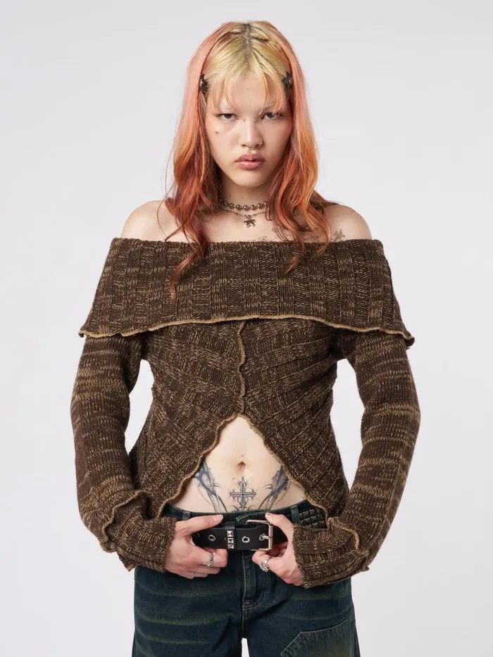 Jetta Brown Off Shoulder Knit Jumper Women Minga London Tops and TShirts