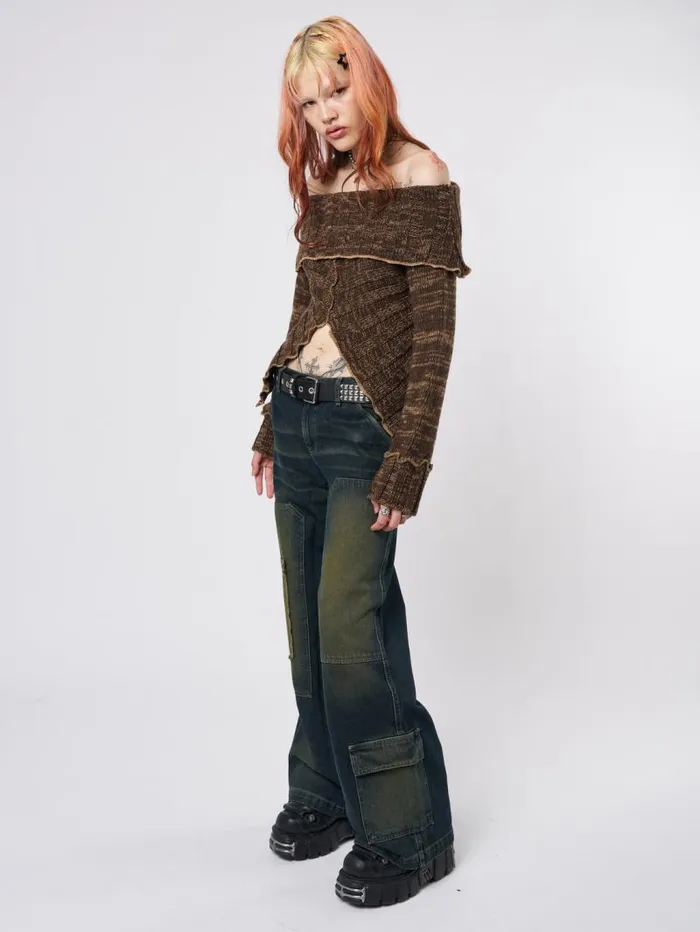Jetta Brown Off Shoulder Knit Jumper Women Minga London Tops and TShirts