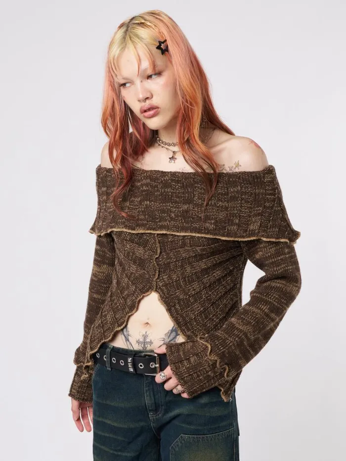 Jetta Brown Off Shoulder Knit Jumper Women Minga London Tops and TShirts