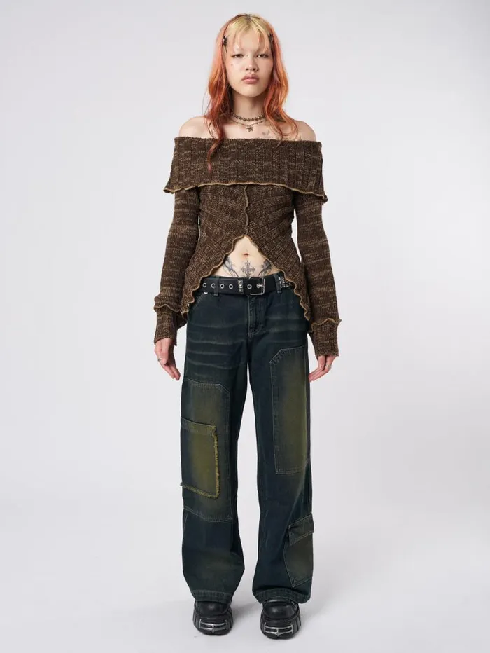 Jetta Brown Off Shoulder Knit Jumper Women Minga London Tops and TShirts