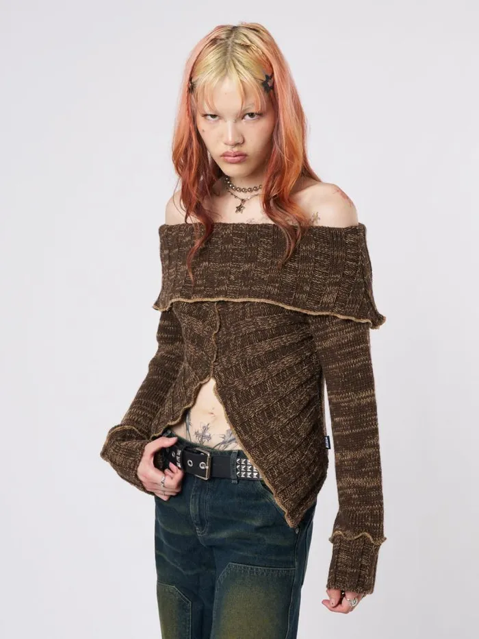 Jetta Brown Off Shoulder Knit Jumper Women Minga London Tops and TShirts