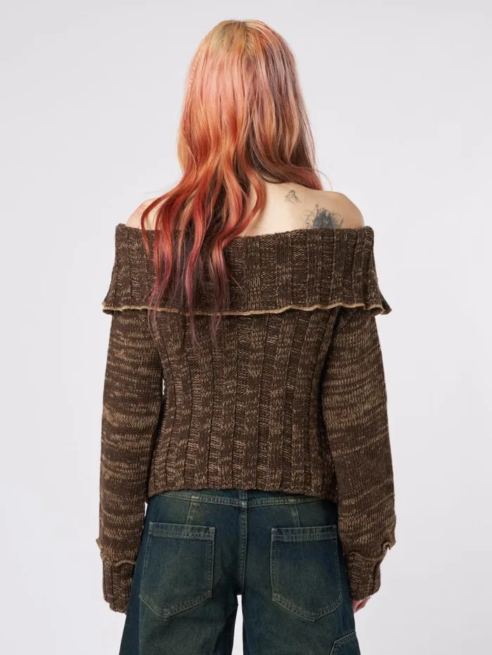 Jetta Brown Off Shoulder Knit Jumper Women Minga London Tops and TShirts