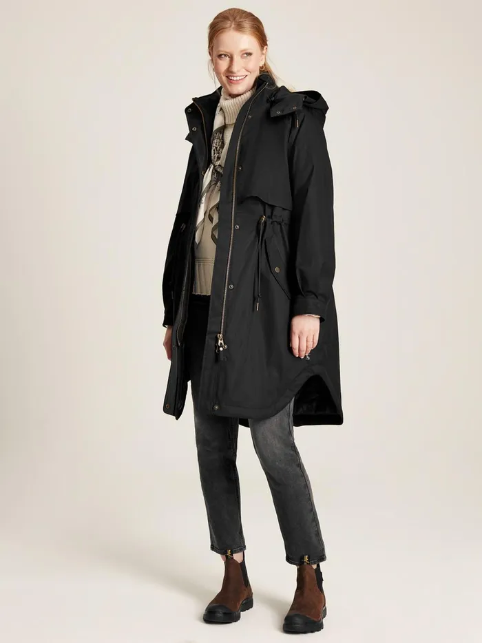 Joules Coats and Jackets Women Black Long Waterpoof Raincoat With Hood