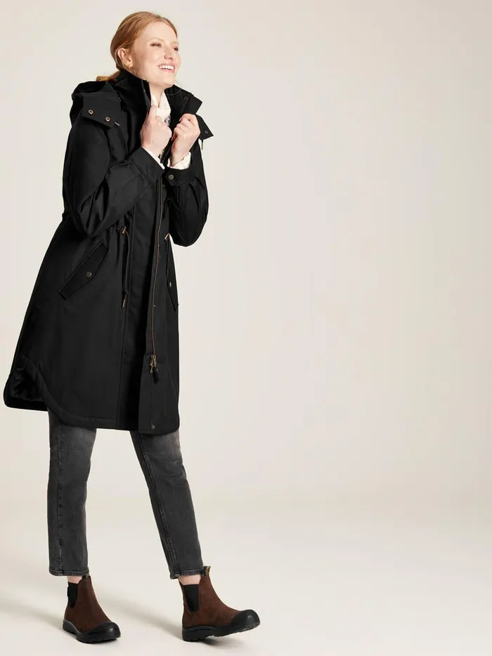 Joules Coats and Jackets Women Black Long Waterpoof Raincoat With Hood