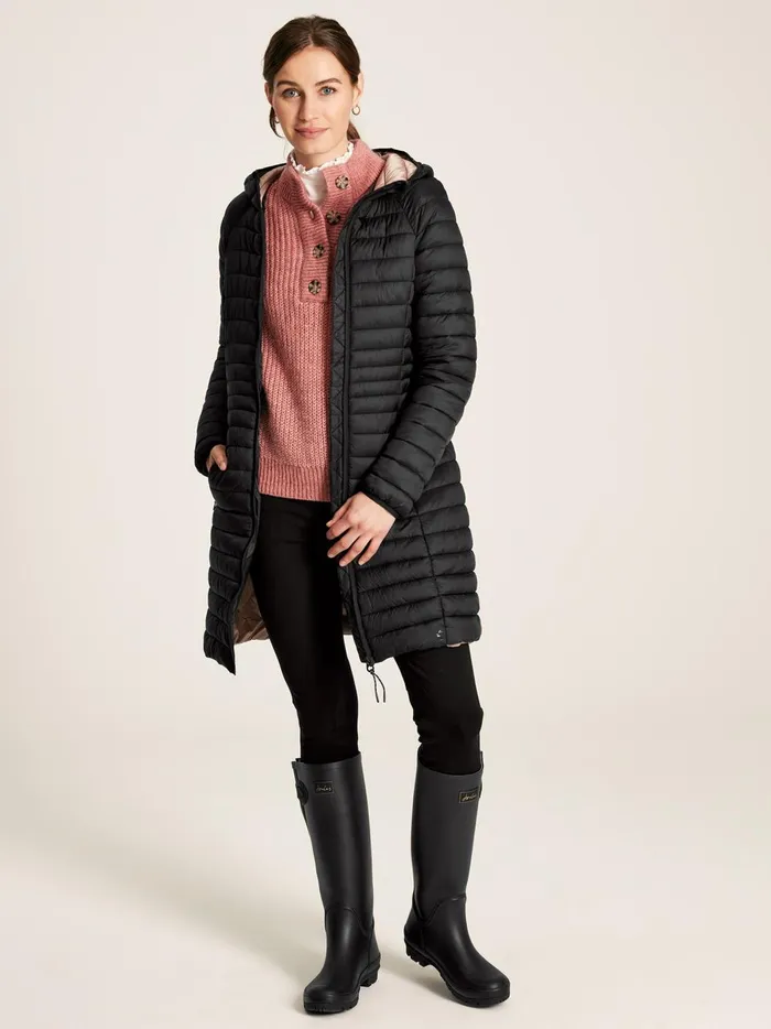 Joules Coats and Jackets Women Black Showerproof Long Packable Padded Coat