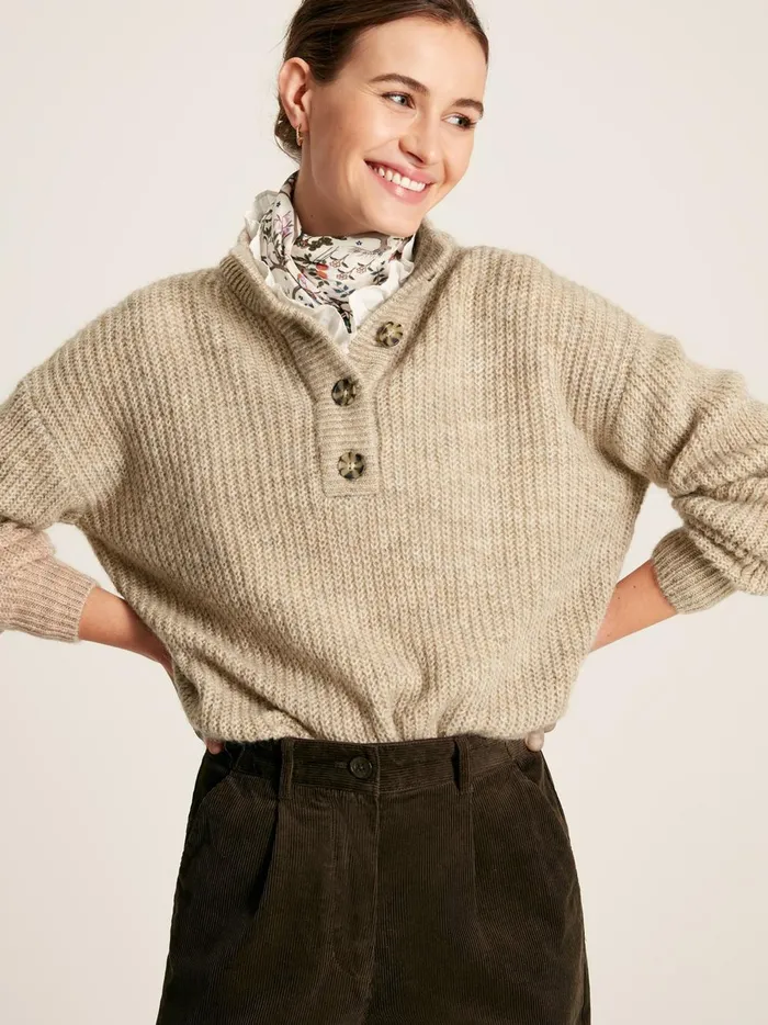 Joules Knitwear Women Beige Button Neck Ribbed Jumper