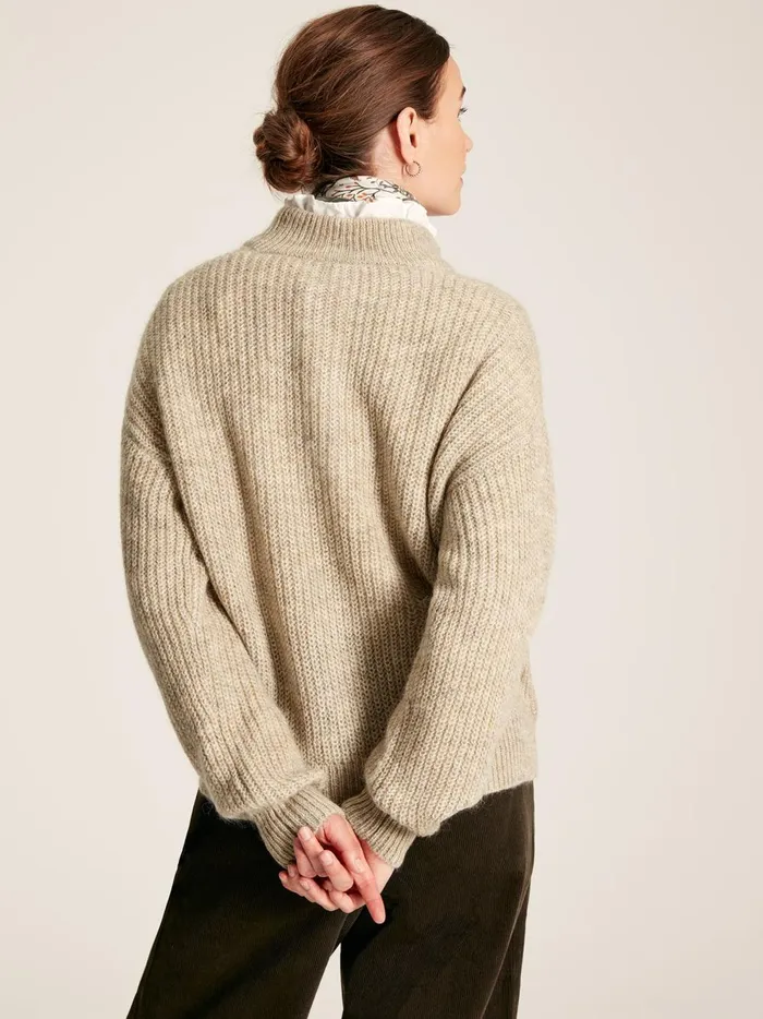 Joules Knitwear Women Beige Button Neck Ribbed Jumper