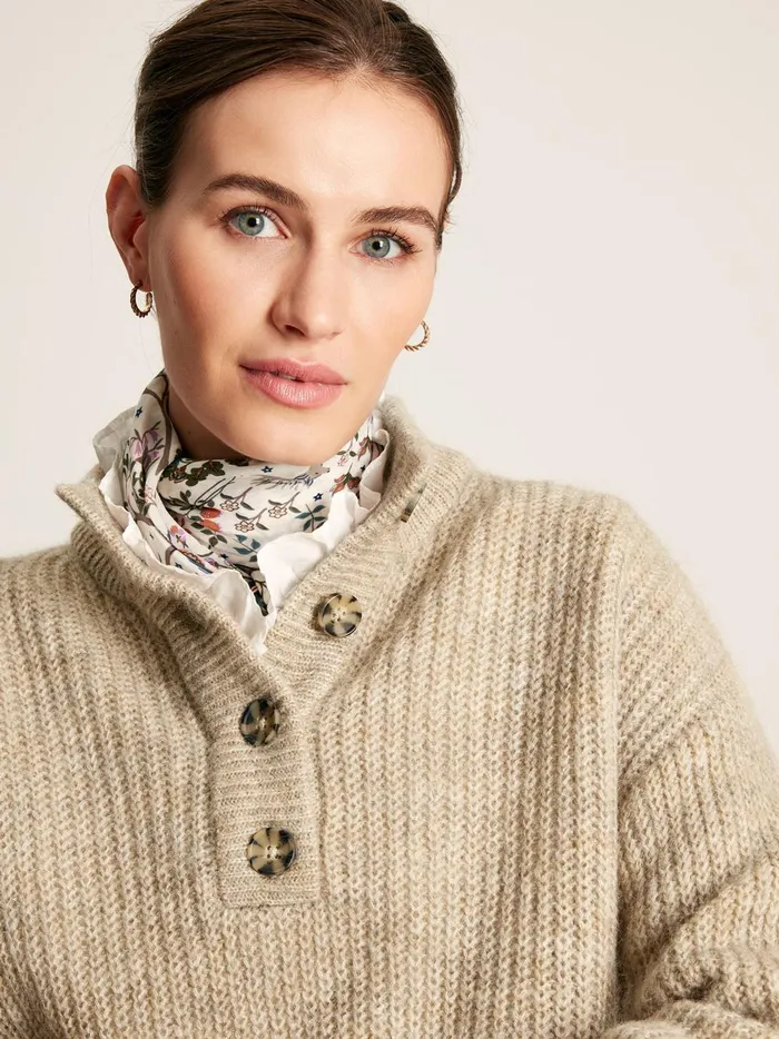 Joules Knitwear Women Beige Button Neck Ribbed Jumper