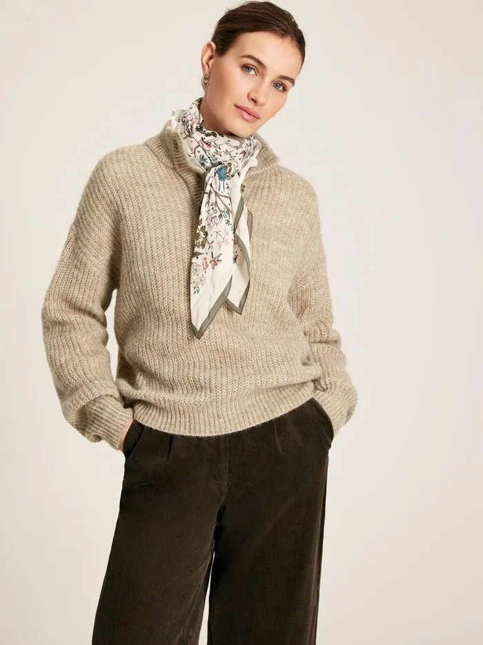 Joules Knitwear Women Beige Button Neck Ribbed Jumper