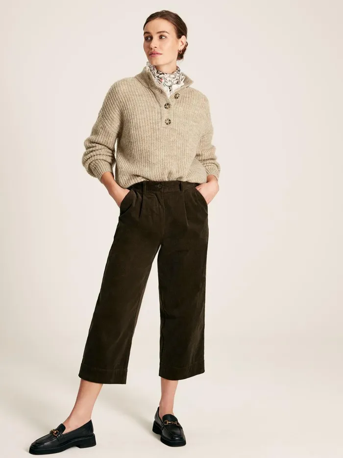 Joules Knitwear Women Beige Button Neck Ribbed Jumper
