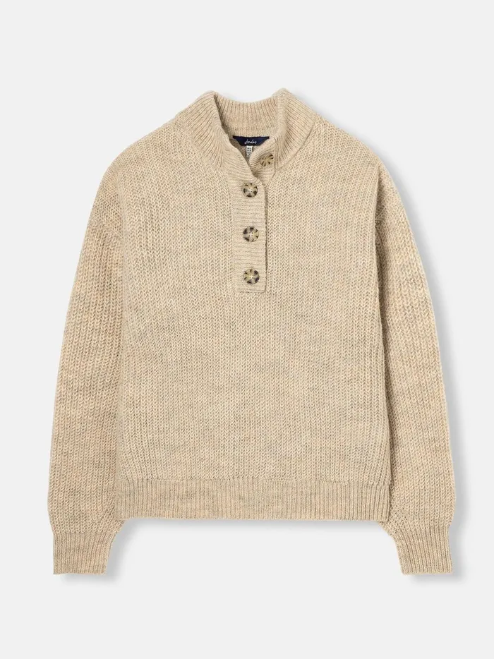 Joules Knitwear Women Beige Button Neck Ribbed Jumper