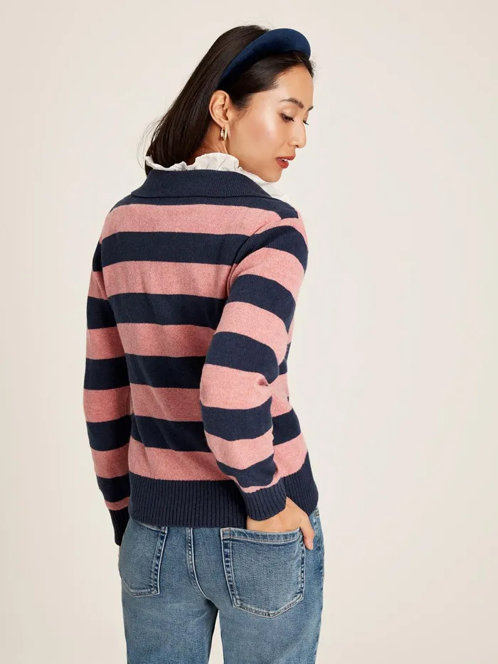 Joules Knitwear Women Navy Blue Striped V Neck Jumper With Collar