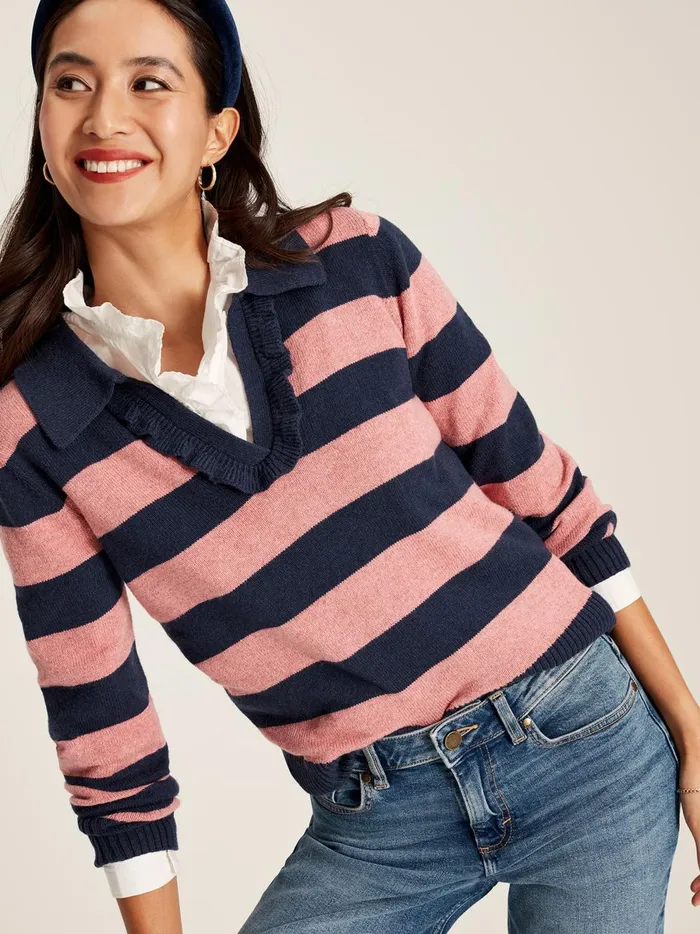Joules Knitwear Women Navy Blue Striped V Neck Jumper With Collar