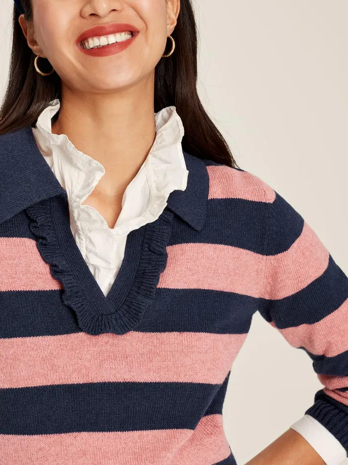 Joules Knitwear Women Navy Blue Striped V Neck Jumper With Collar