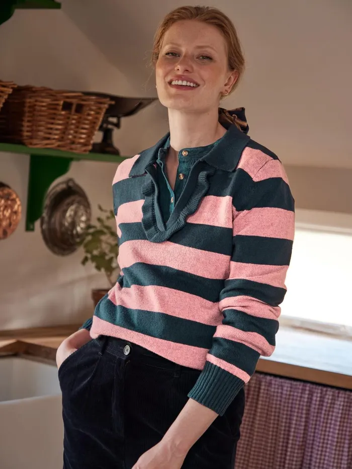 Joules Knitwear Women Navy Blue Striped V Neck Jumper With Collar
