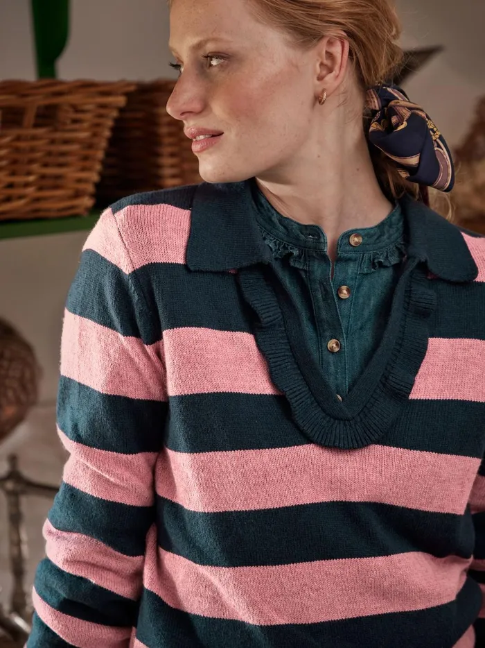 Joules Knitwear Women Navy Blue Striped V Neck Jumper With Collar