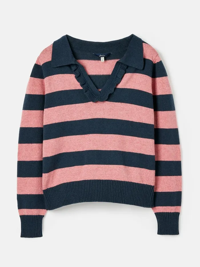 Joules Knitwear Women Navy Blue Striped V Neck Jumper With Collar