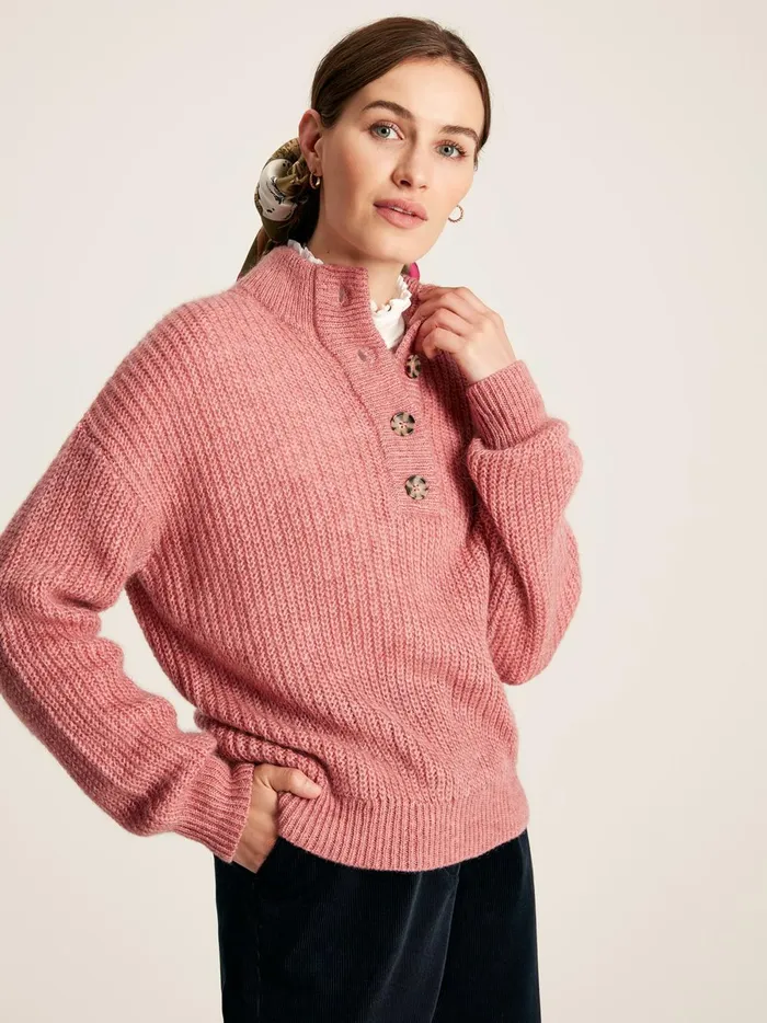 Joules Knitwear Women Pink Button Neck Ribbed Jumper