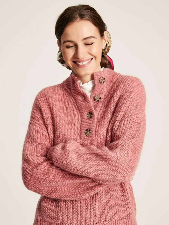 Joules Knitwear Women Pink Button Neck Ribbed Jumper
