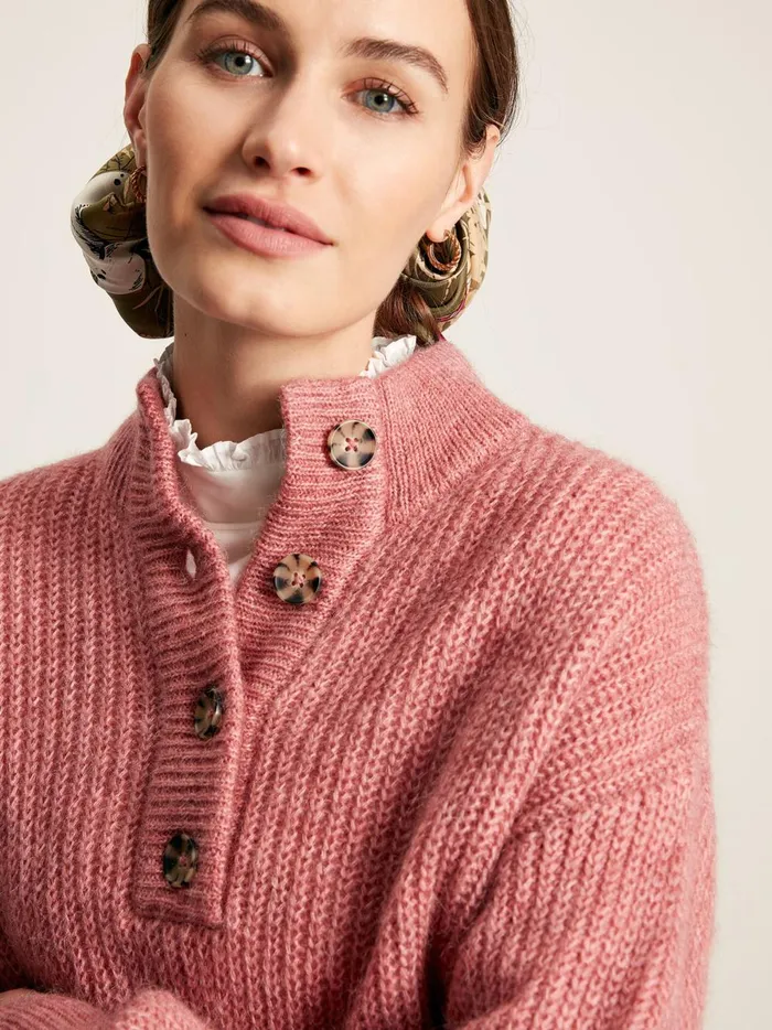 Joules Knitwear Women Pink Button Neck Ribbed Jumper
