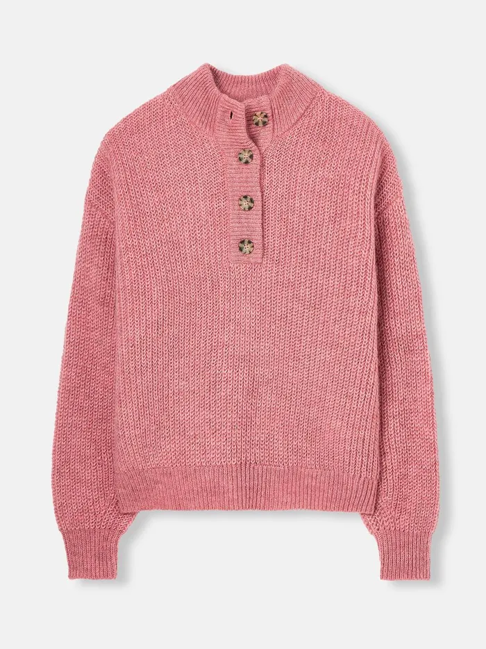 Joules Knitwear Women Pink Button Neck Ribbed Jumper