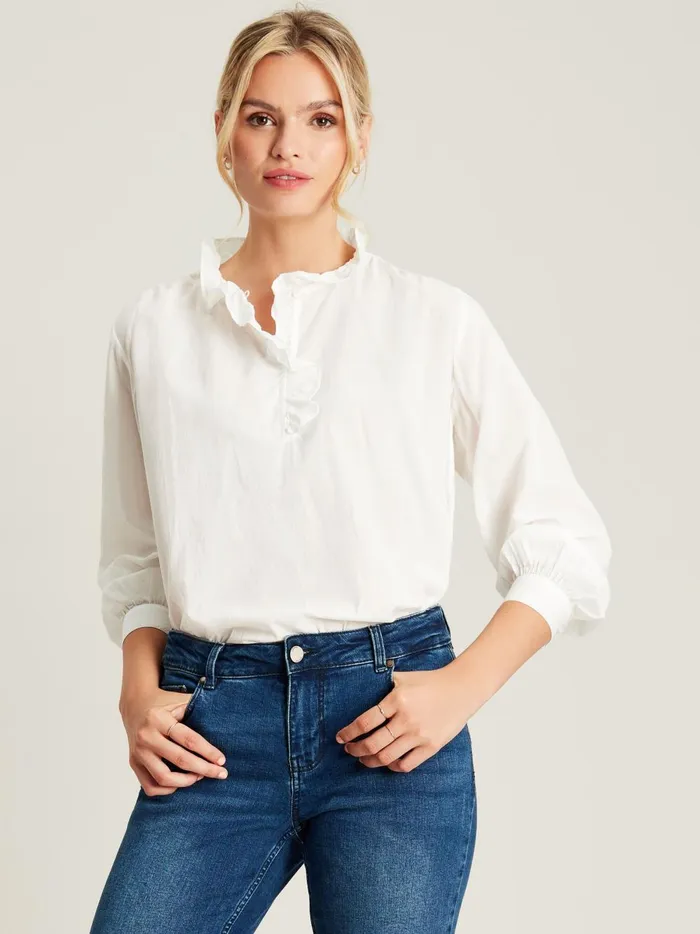 Joules Shirts and Blouses Women White Cotton Ruffle Blouse