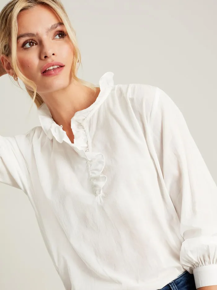 Joules Shirts and Blouses Women White Cotton Ruffle Blouse