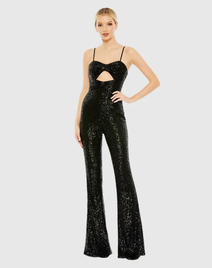 Jumpsuits and Rompers Mac Duggal Women Sequined Spaghetti Strap Cut Out Jumpsuit 8211 FINAL SALE Black