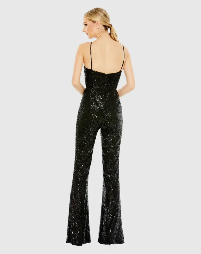 Jumpsuits and Rompers Mac Duggal Women Sequined Spaghetti Strap Cut Out Jumpsuit 8211 FINAL SALE Black