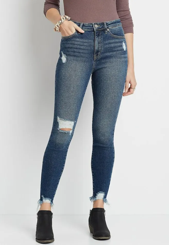 Kancan High Rise Dark Destructed Hem Skinny Jean Women Maurices Jeans