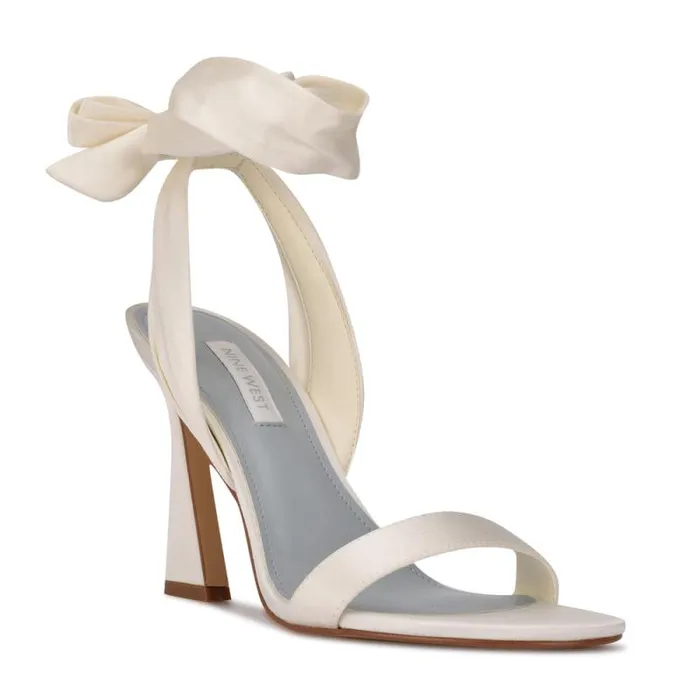 Kelsie Ankle Wrap Heeled Sandals White Satin Women Nine West Heels