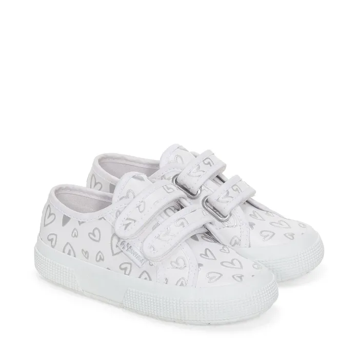 Kids Girl 2750 KIDS STRAPS VEGAN MATERIAL CUTE HEARTS PRINT Low Cut WHITESILVER HEARTS Superga Low Cut