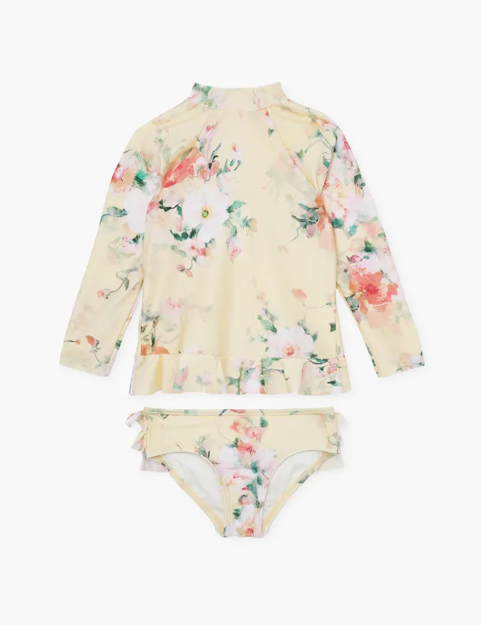 Kids Zimmermann Swimwear Everley Frill Rashie Yellow Watercolour Floral
