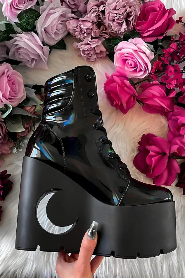 Killstar Boots Women Diana Crescent Wedge Boots BLACK HOLOGRAPHIC