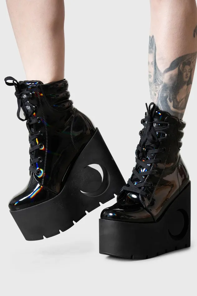 Killstar Boots Women Diana Crescent Wedge Boots BLACK HOLOGRAPHIC