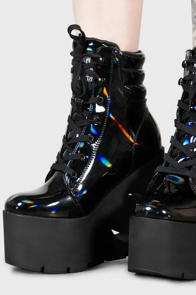 Killstar Boots Women Diana Crescent Wedge Boots BLACK HOLOGRAPHIC