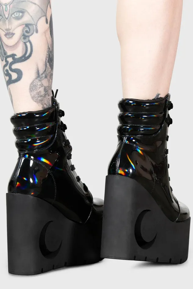Killstar Boots Women Diana Crescent Wedge Boots BLACK HOLOGRAPHIC