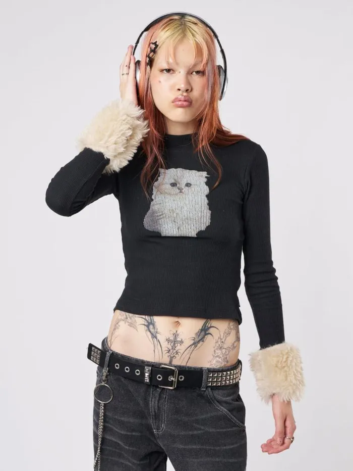 Kitty Faux Fur Cuffs High Neck Top Women Minga London Tops and TShirts