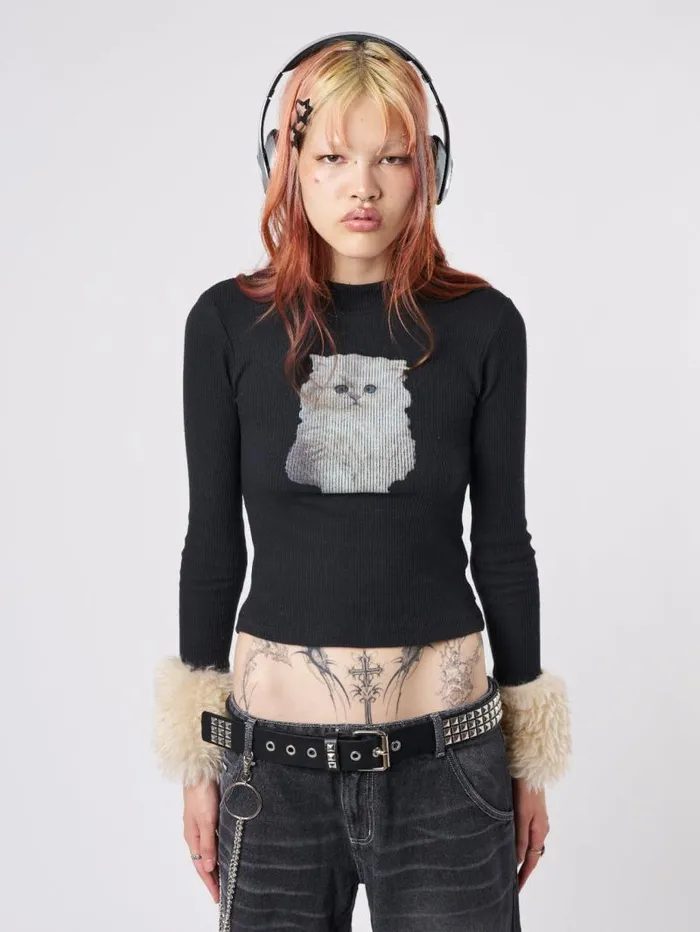 Kitty Faux Fur Cuffs High Neck Top Women Minga London Tops and TShirts