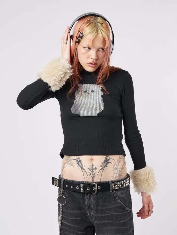 Kitty Faux Fur Cuffs High Neck Top Women Minga London Tops and TShirts