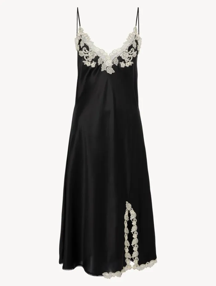 La Perla Black Silk Satin Short Nightgown With Frastaglio Women Pajamas