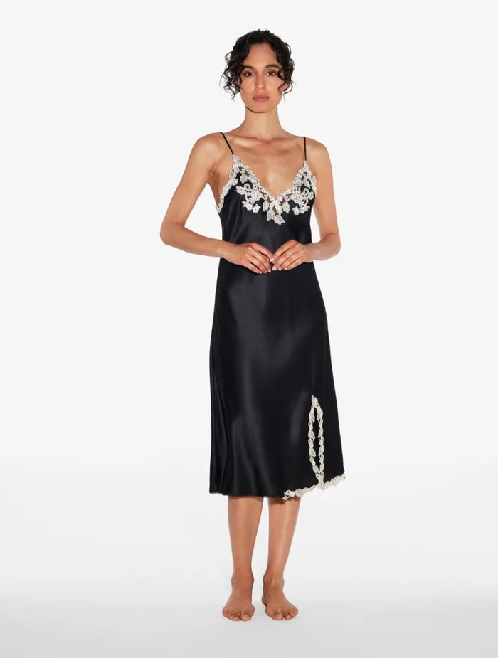 La Perla Black Silk Satin Short Nightgown With Frastaglio Women Pajamas