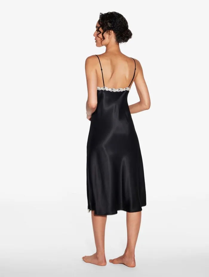 La Perla Black Silk Satin Short Nightgown With Frastaglio Women Pajamas