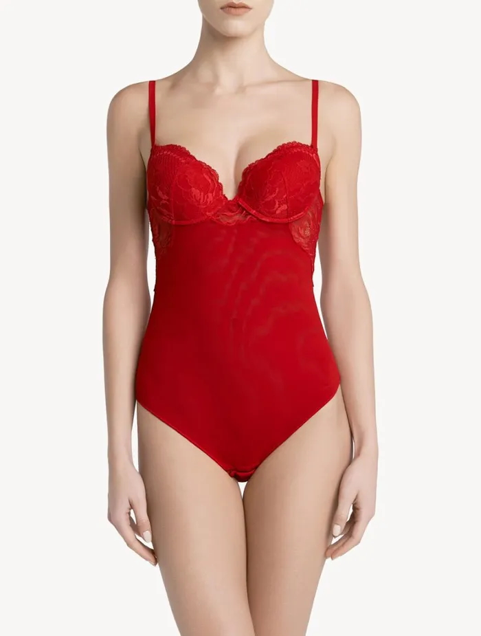 La Perla Luxury Lace Bodysuit In Red Women Bodysuits and Bustiers