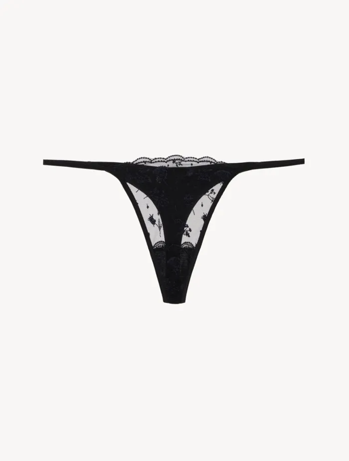 La Perla Thong In Onyx With Embroidered Tulle Women G String and Thong