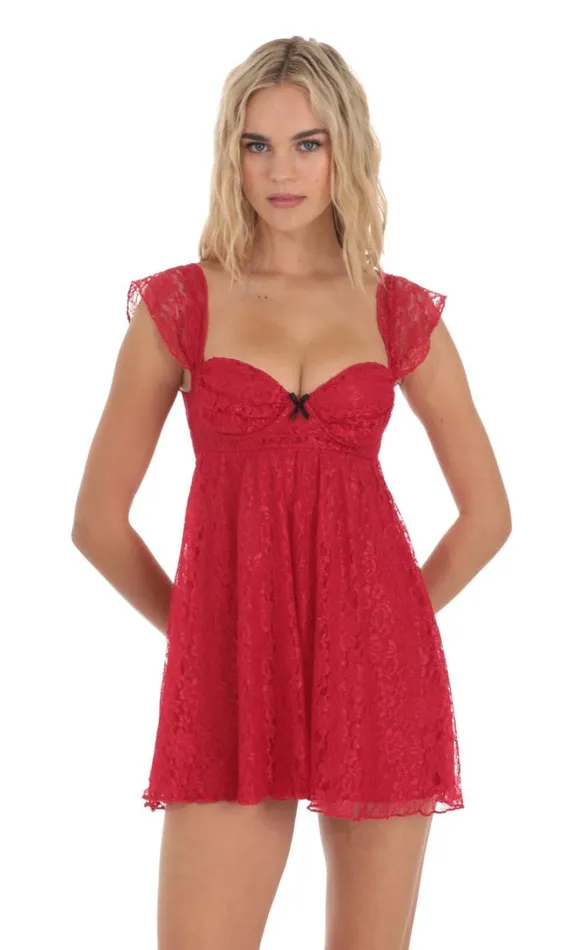 Lace Babydoll Dress Red Women LUCY IN THE SKY Mini Dresses
