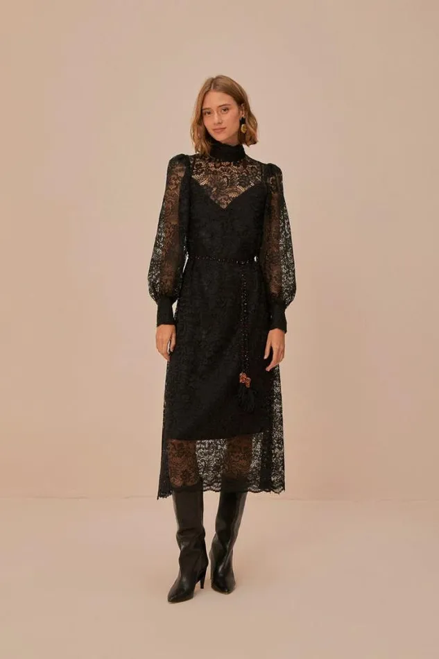 Lace Black Midi Dress Women FARM Rio Midi Dresses