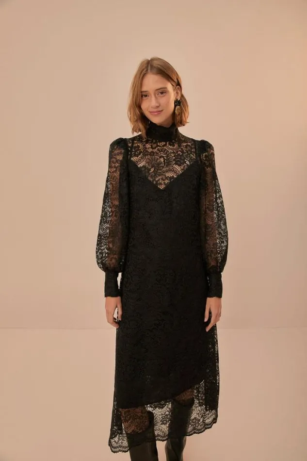 Lace Black Midi Dress Women FARM Rio Midi Dresses