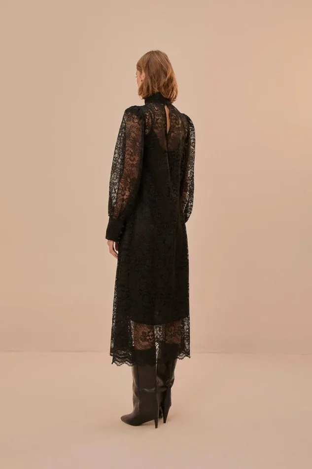 Lace Black Midi Dress Women FARM Rio Midi Dresses