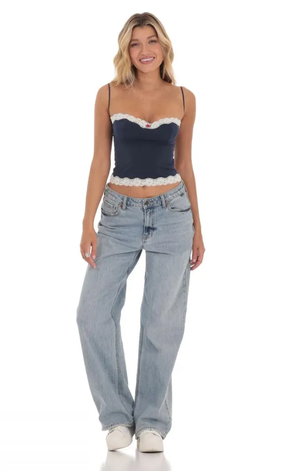Lace Trim Top Navy Women LUCY IN THE SKY Tops Lace Trim Top Navy Women LUCY IN THE SKY Tops